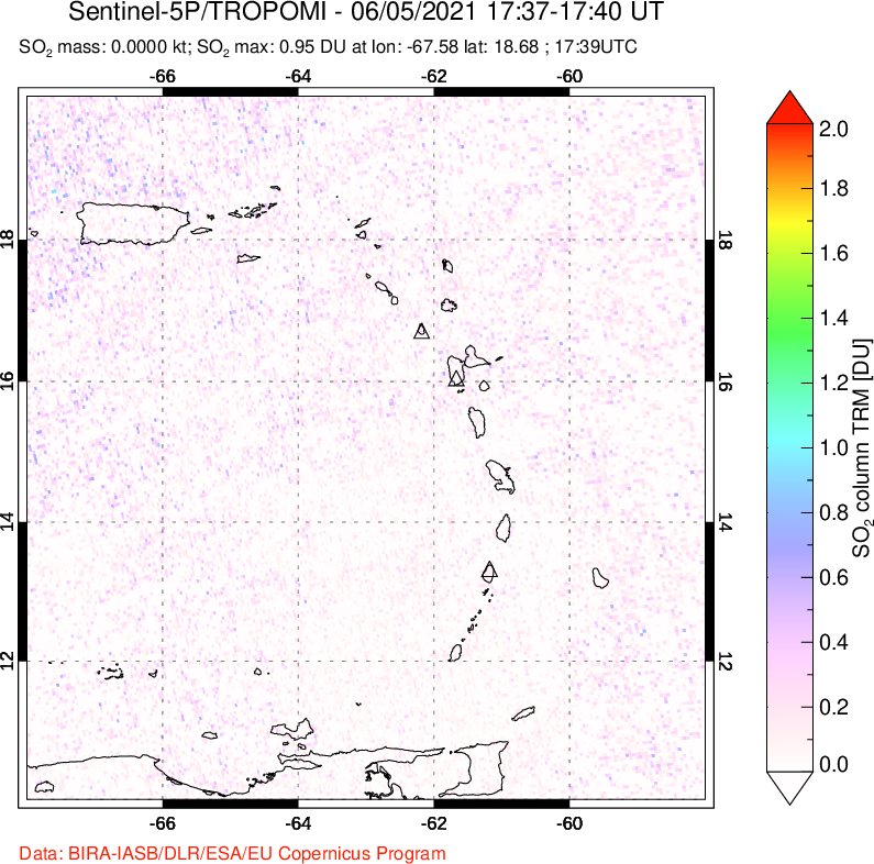 A sulfur dioxide image over Montserrat, West Indies on Jun 05, 2021.