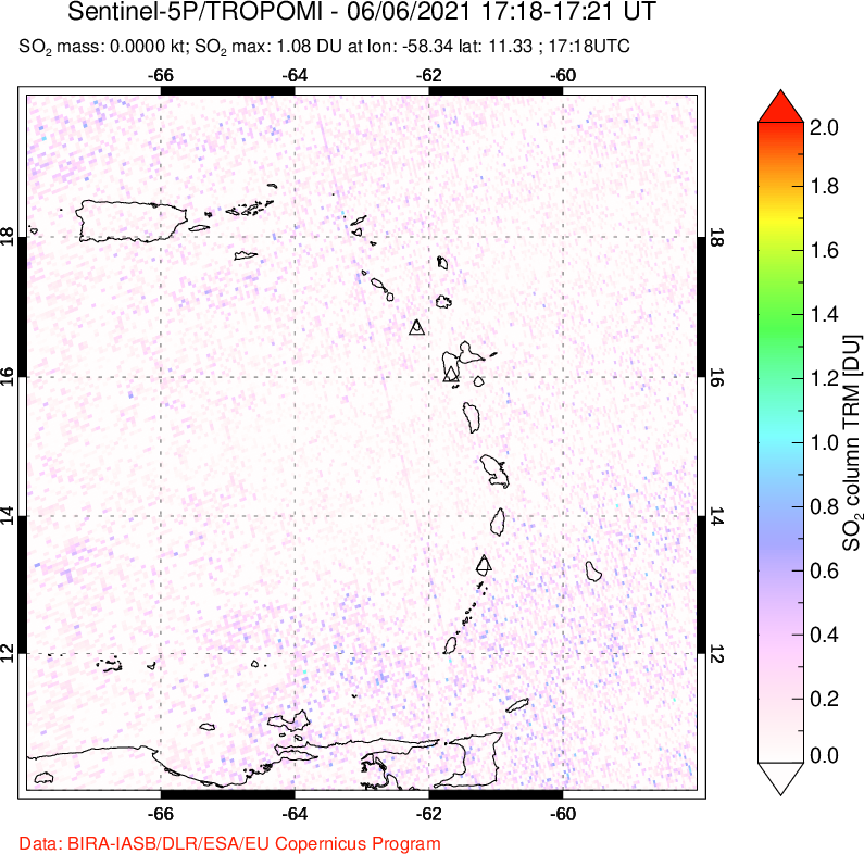 A sulfur dioxide image over Montserrat, West Indies on Jun 06, 2021.