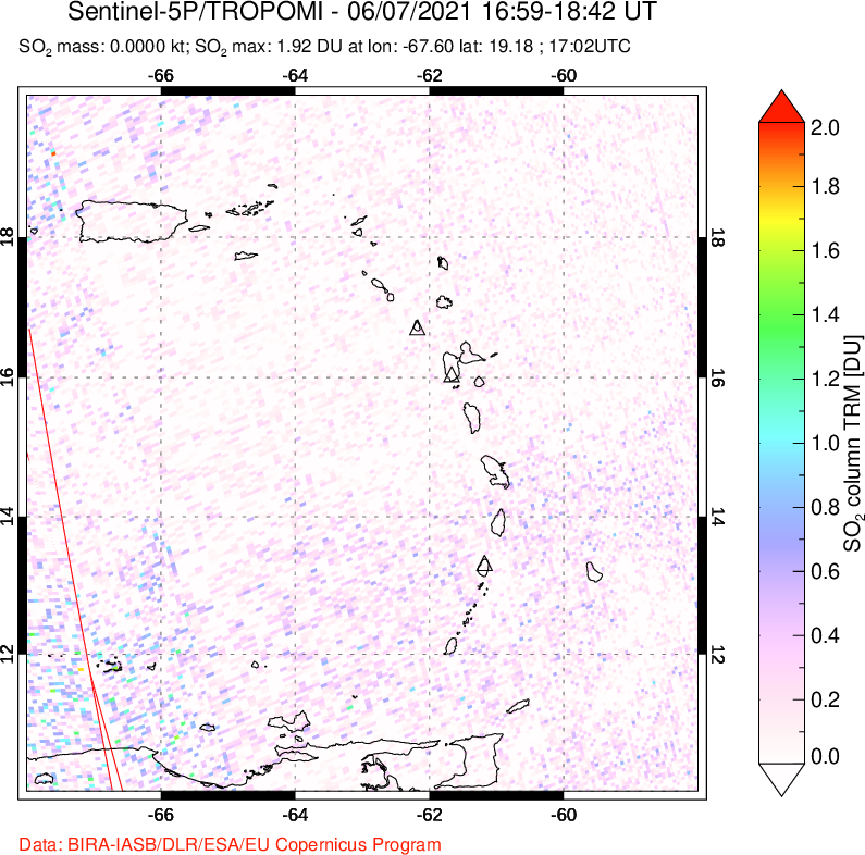 A sulfur dioxide image over Montserrat, West Indies on Jun 07, 2021.