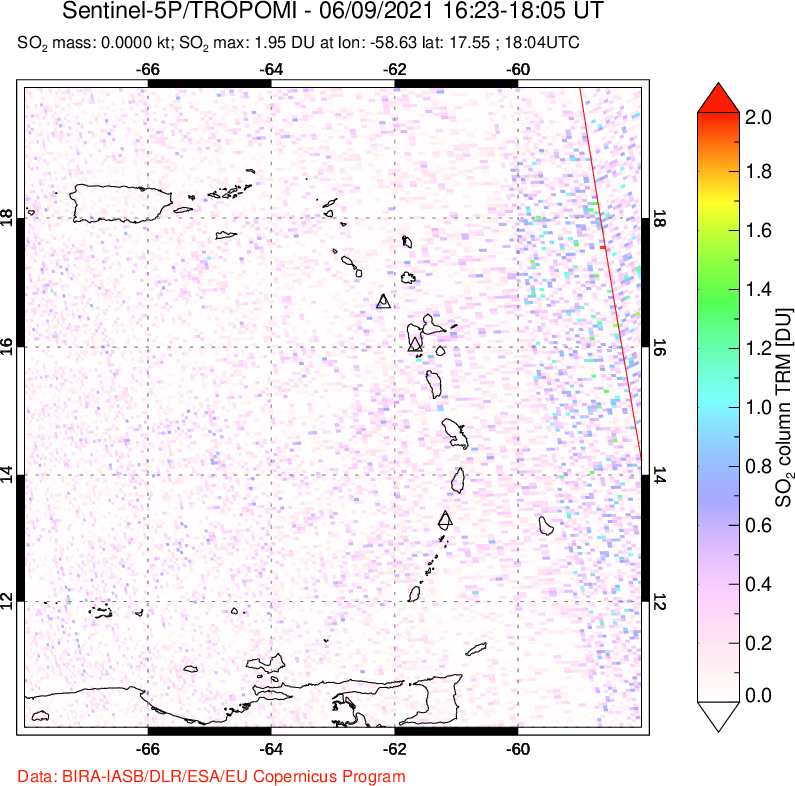 A sulfur dioxide image over Montserrat, West Indies on Jun 09, 2021.