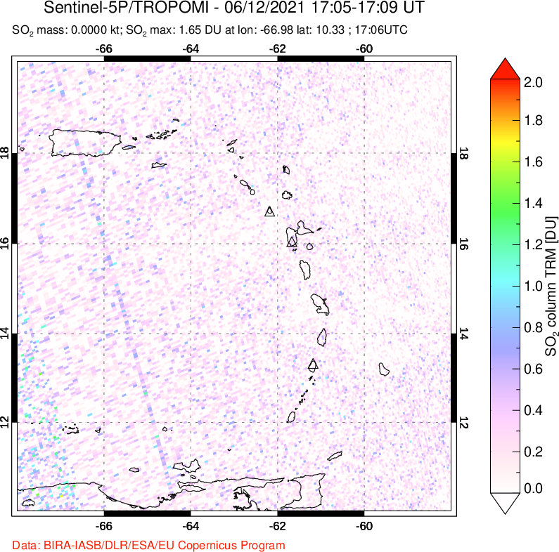 A sulfur dioxide image over Montserrat, West Indies on Jun 12, 2021.