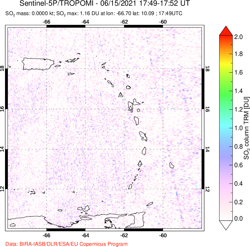 A sulfur dioxide image over Montserrat, West Indies on Jun 15, 2021.
