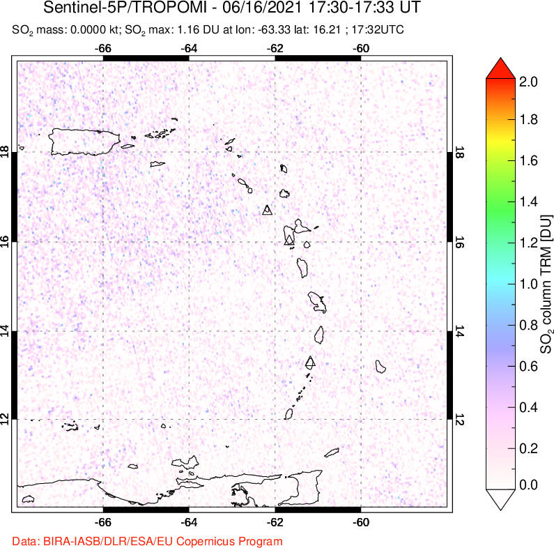 A sulfur dioxide image over Montserrat, West Indies on Jun 16, 2021.