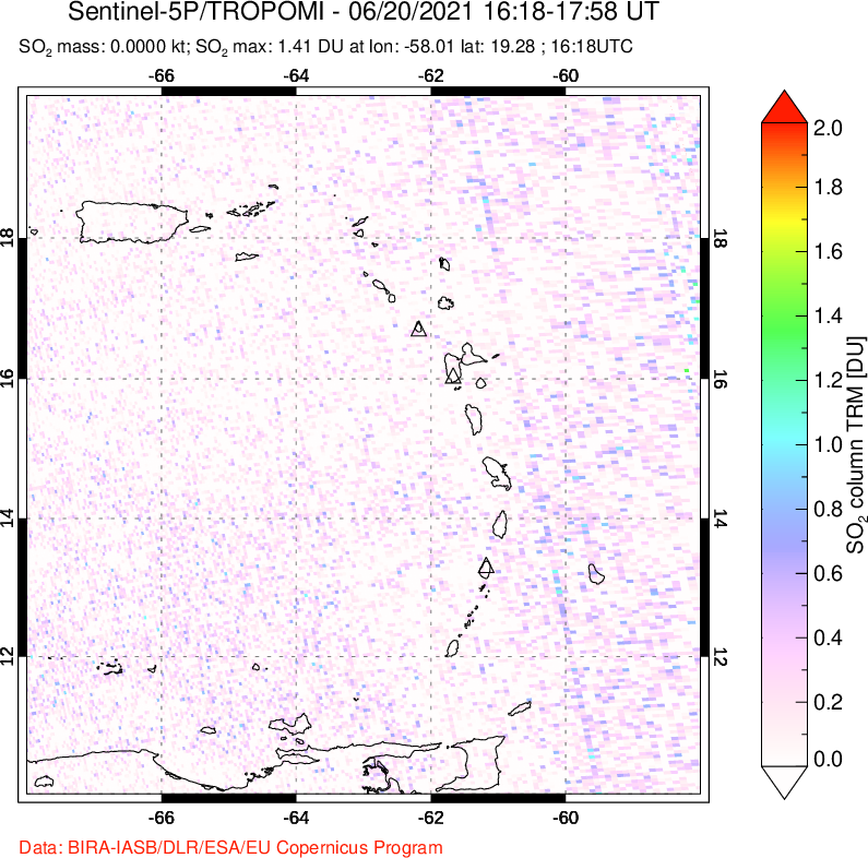 A sulfur dioxide image over Montserrat, West Indies on Jun 20, 2021.