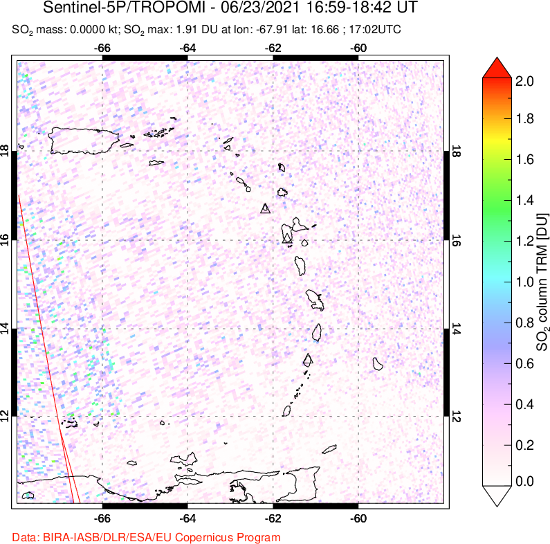 A sulfur dioxide image over Montserrat, West Indies on Jun 23, 2021.