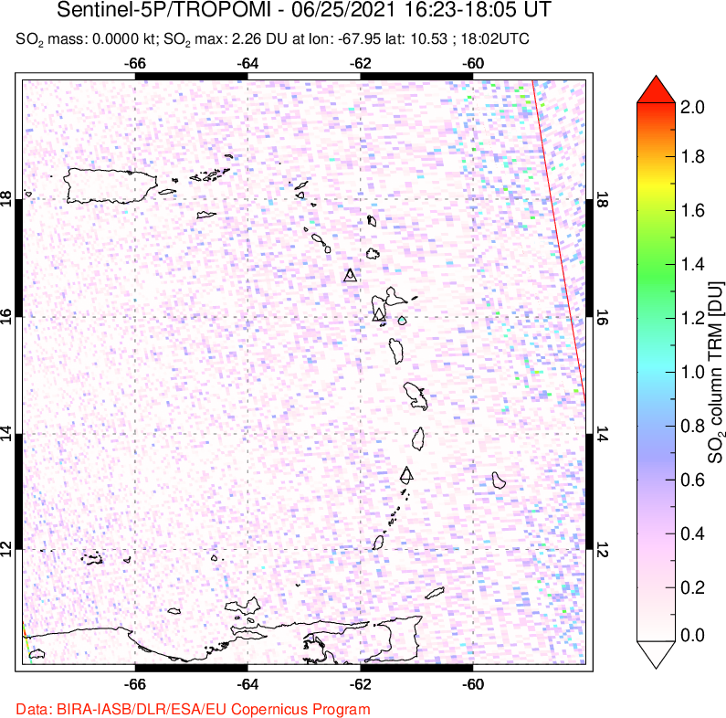 A sulfur dioxide image over Montserrat, West Indies on Jun 25, 2021.