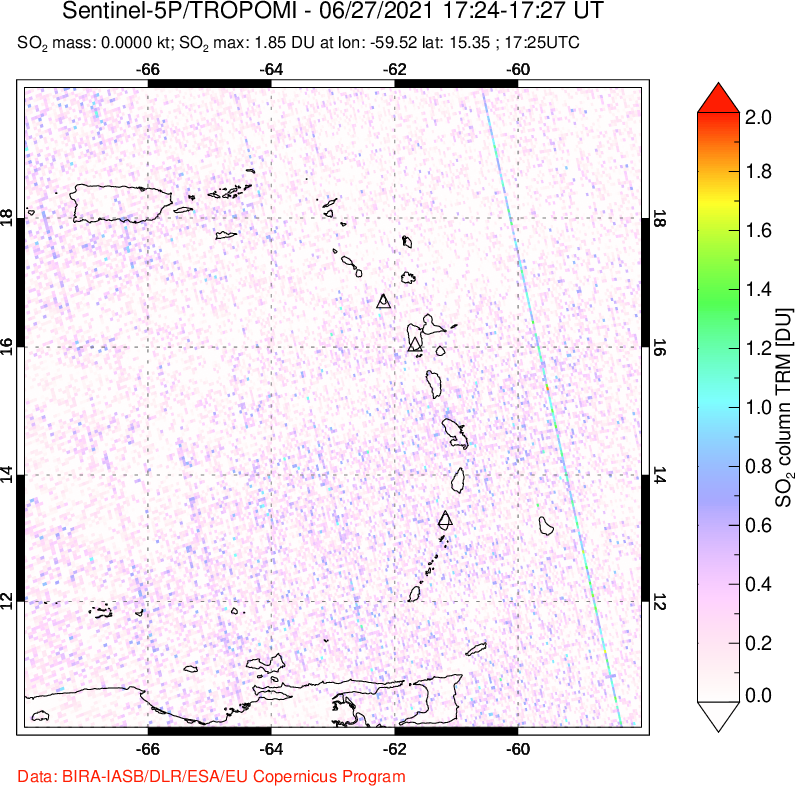 A sulfur dioxide image over Montserrat, West Indies on Jun 27, 2021.