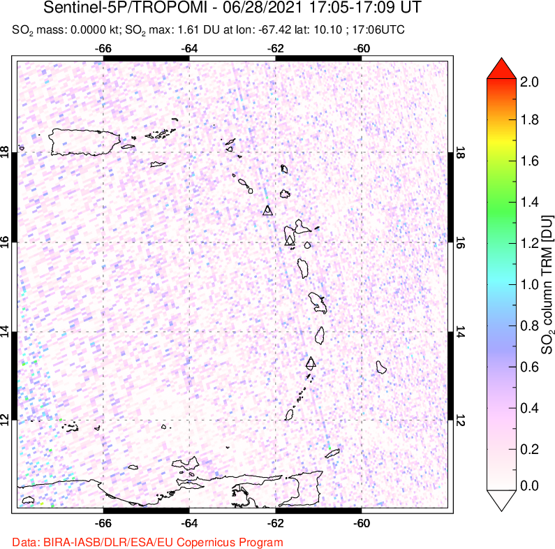A sulfur dioxide image over Montserrat, West Indies on Jun 28, 2021.