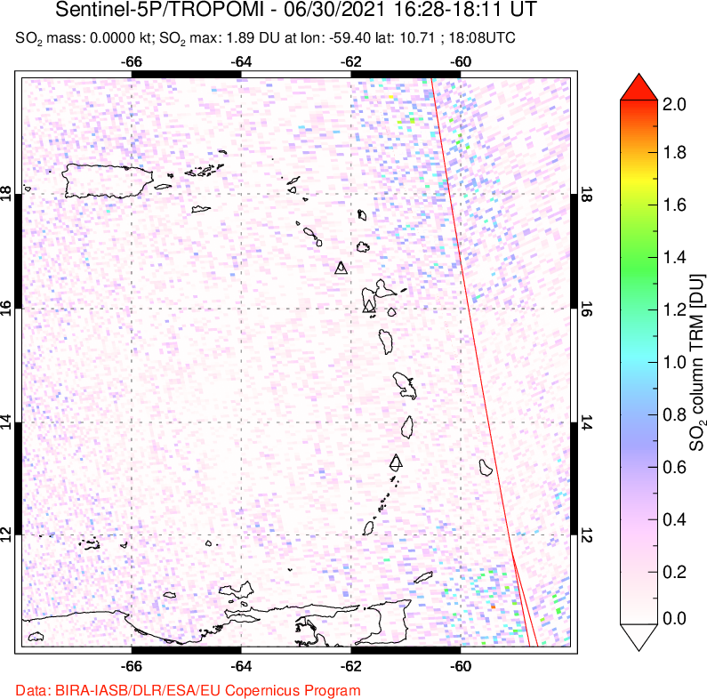 A sulfur dioxide image over Montserrat, West Indies on Jun 30, 2021.