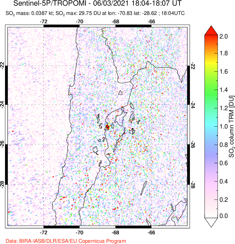 A sulfur dioxide image over Northern Chile on Jun 03, 2021.