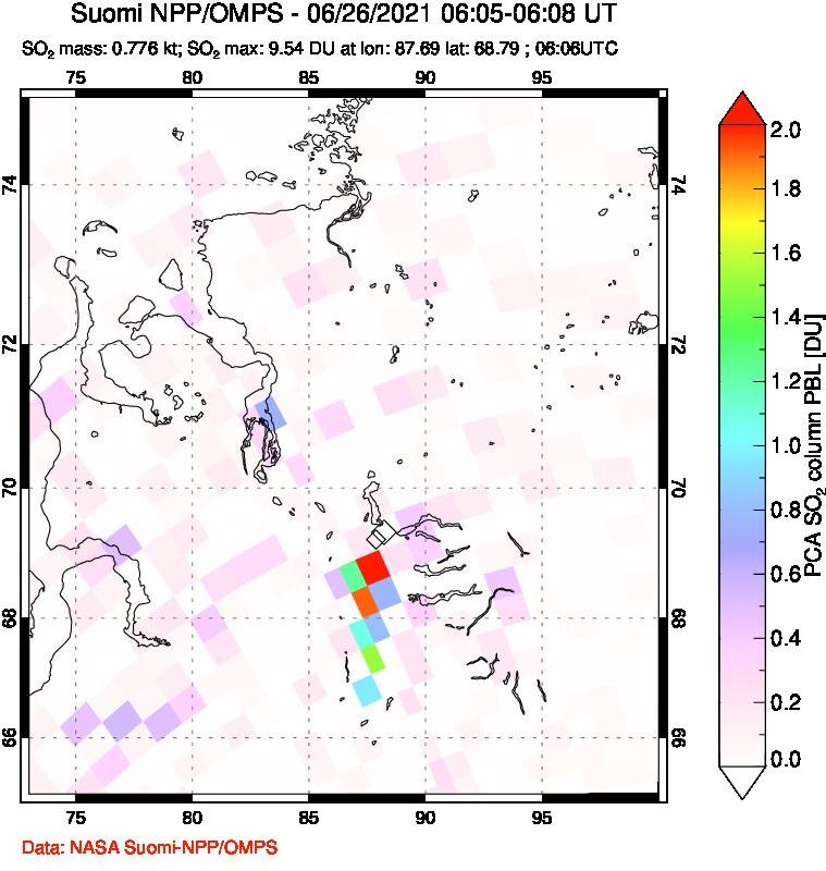 A sulfur dioxide image over Norilsk, Russian Federation on Jun 26, 2021.