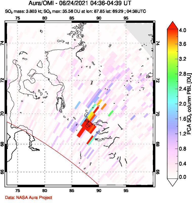 A sulfur dioxide image over Norilsk, Russian Federation on Jun 24, 2021.
