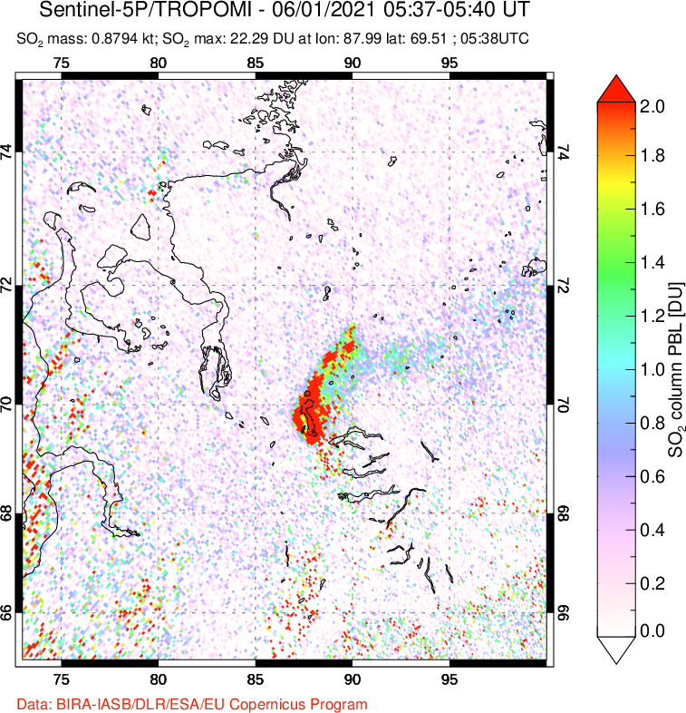 A sulfur dioxide image over Norilsk, Russian Federation on Jun 01, 2021.