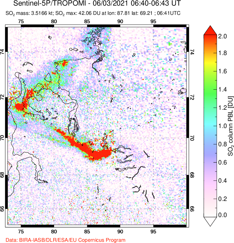 A sulfur dioxide image over Norilsk, Russian Federation on Jun 03, 2021.