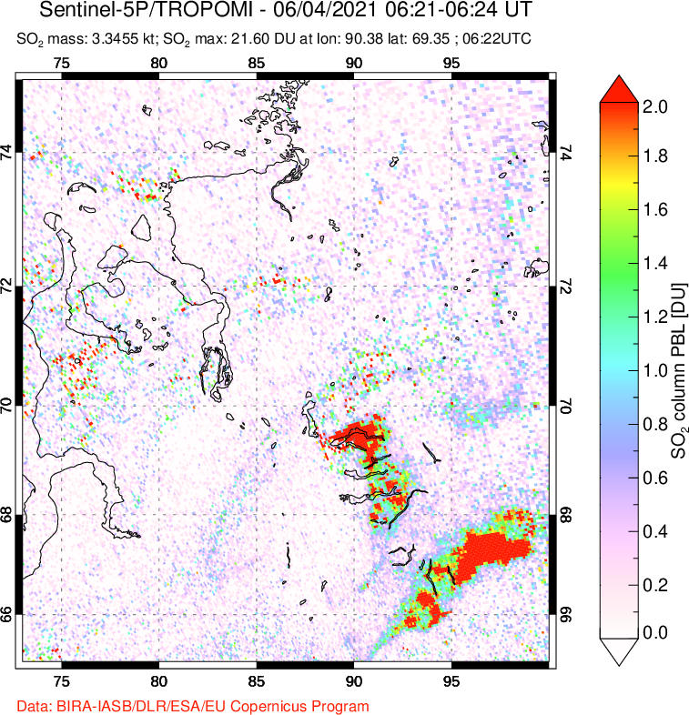 A sulfur dioxide image over Norilsk, Russian Federation on Jun 04, 2021.