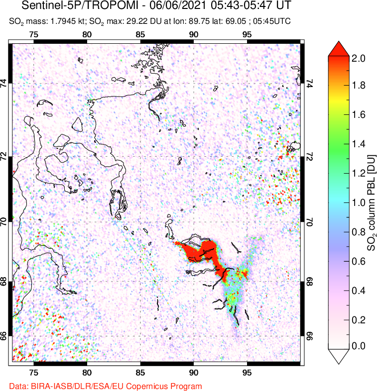 A sulfur dioxide image over Norilsk, Russian Federation on Jun 06, 2021.