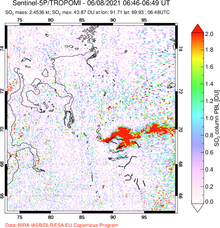 A sulfur dioxide image over Norilsk, Russian Federation on Jun 08, 2021.