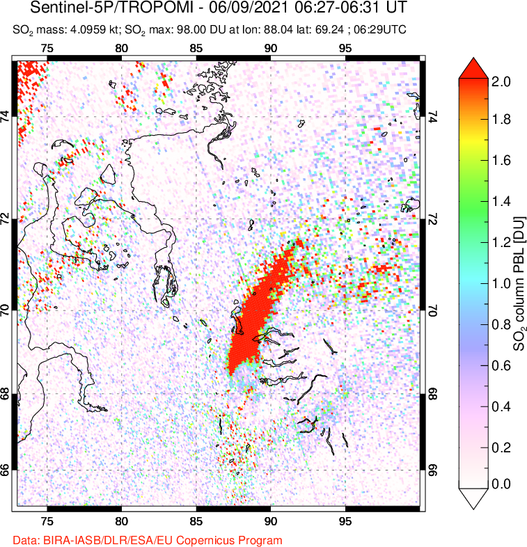 A sulfur dioxide image over Norilsk, Russian Federation on Jun 09, 2021.