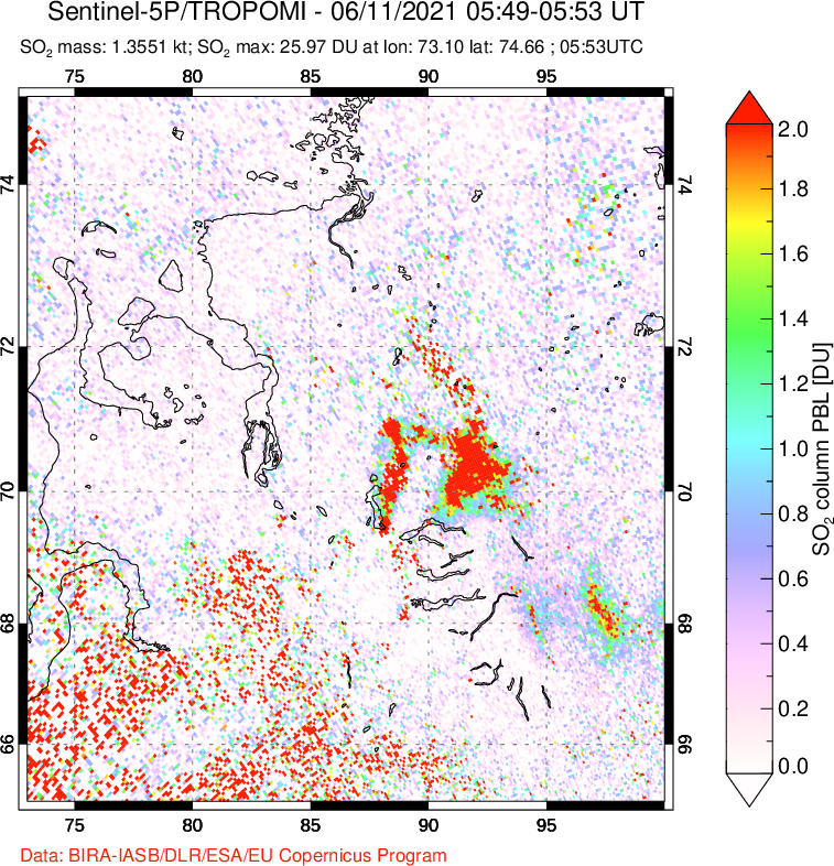 A sulfur dioxide image over Norilsk, Russian Federation on Jun 11, 2021.