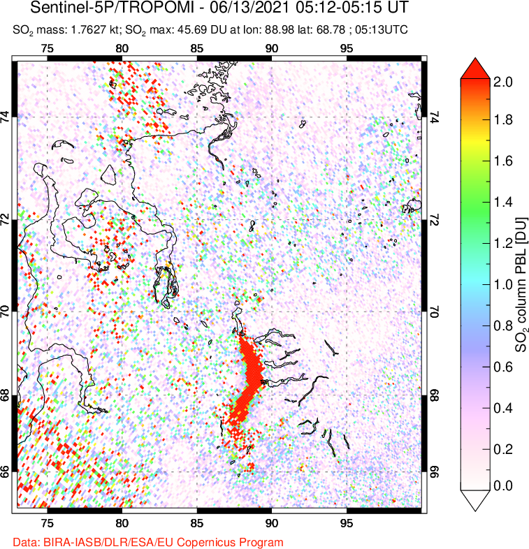 A sulfur dioxide image over Norilsk, Russian Federation on Jun 13, 2021.