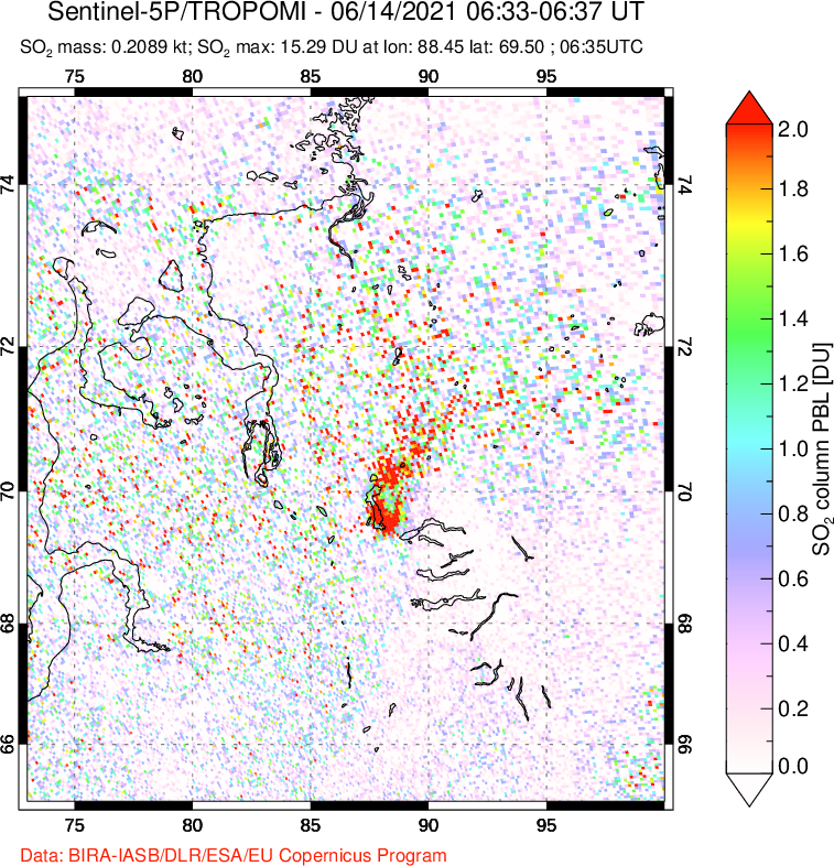 A sulfur dioxide image over Norilsk, Russian Federation on Jun 14, 2021.