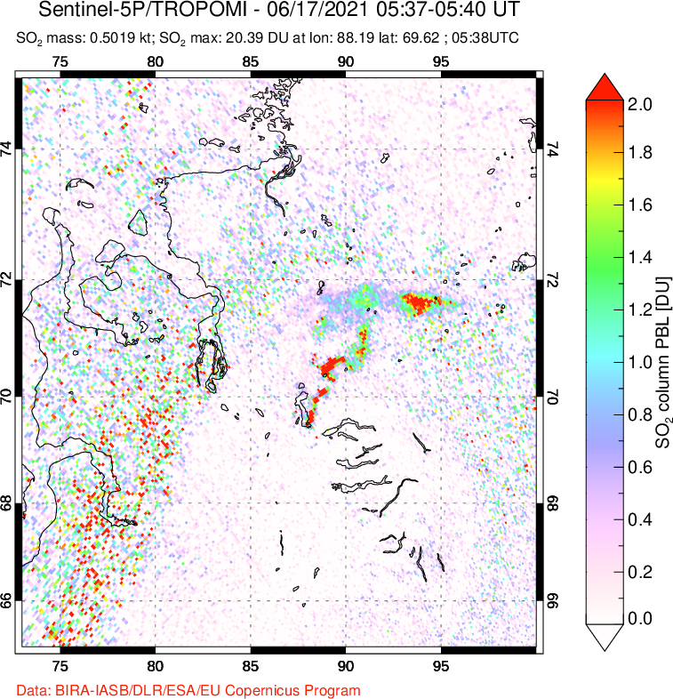 A sulfur dioxide image over Norilsk, Russian Federation on Jun 17, 2021.