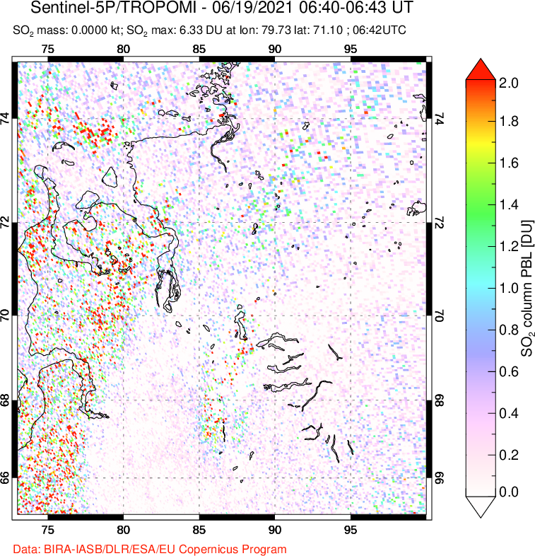 A sulfur dioxide image over Norilsk, Russian Federation on Jun 19, 2021.