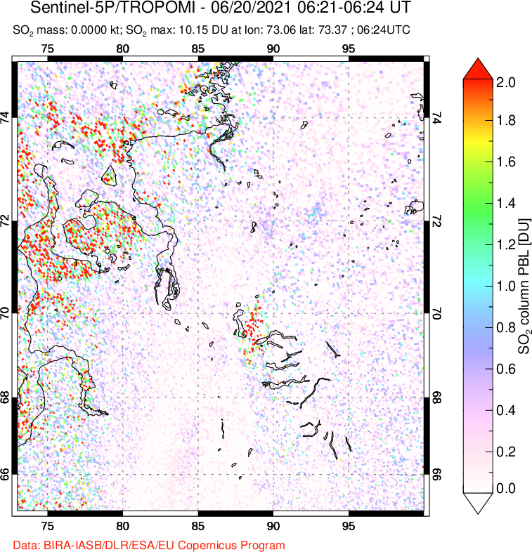 A sulfur dioxide image over Norilsk, Russian Federation on Jun 20, 2021.
