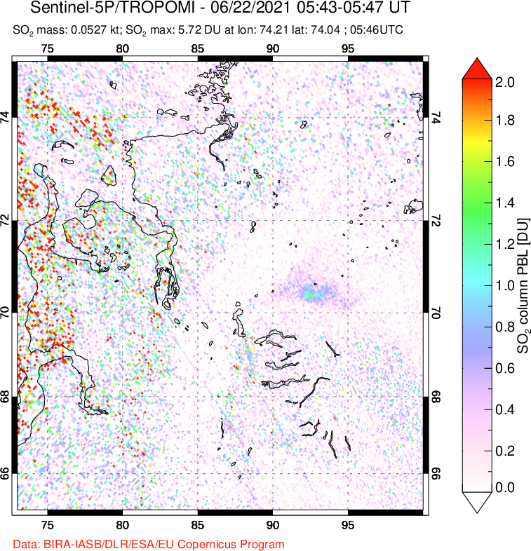 A sulfur dioxide image over Norilsk, Russian Federation on Jun 22, 2021.