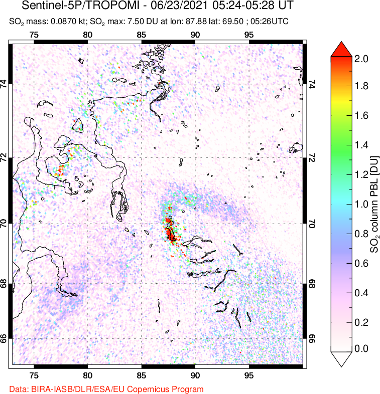 A sulfur dioxide image over Norilsk, Russian Federation on Jun 23, 2021.