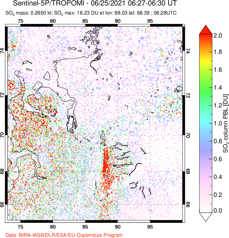 A sulfur dioxide image over Norilsk, Russian Federation on Jun 25, 2021.