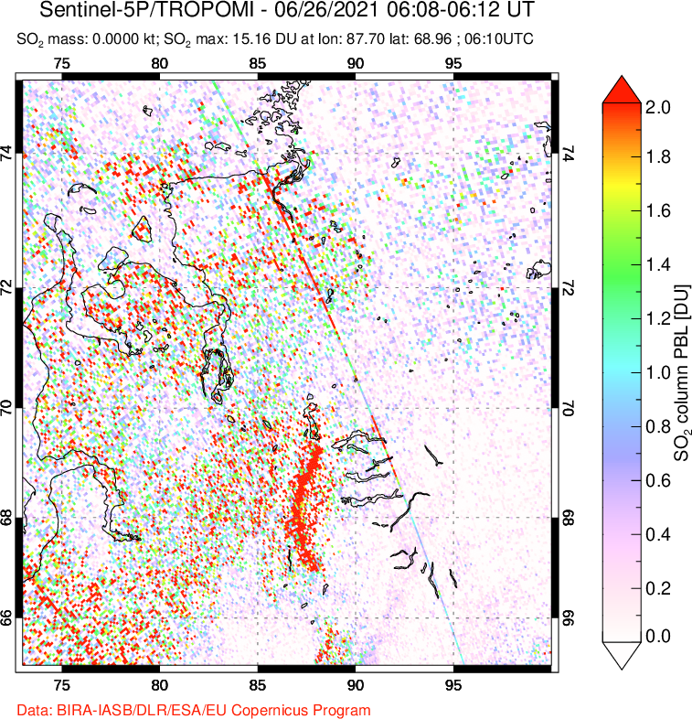 A sulfur dioxide image over Norilsk, Russian Federation on Jun 26, 2021.