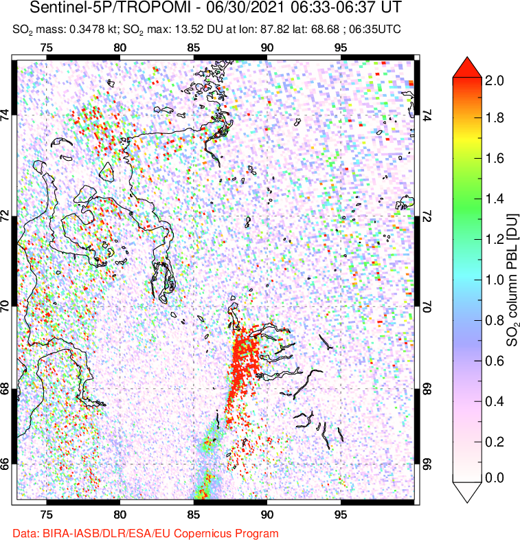 A sulfur dioxide image over Norilsk, Russian Federation on Jun 30, 2021.