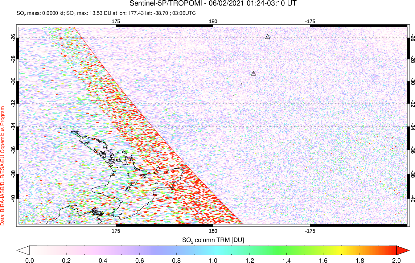 A sulfur dioxide image over New Zealand on Jun 02, 2021.