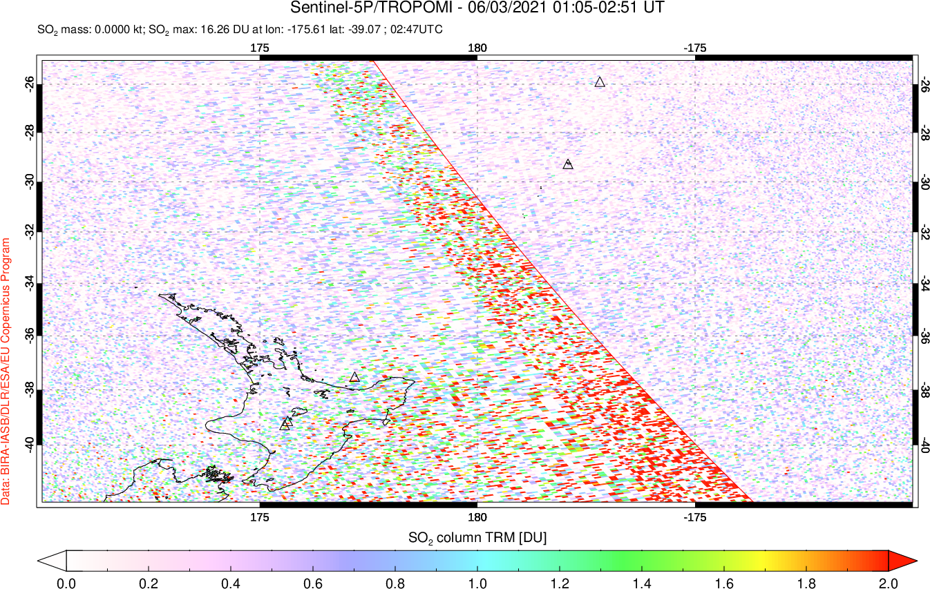 A sulfur dioxide image over New Zealand on Jun 03, 2021.