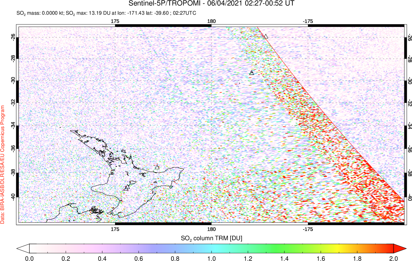 A sulfur dioxide image over New Zealand on Jun 04, 2021.
