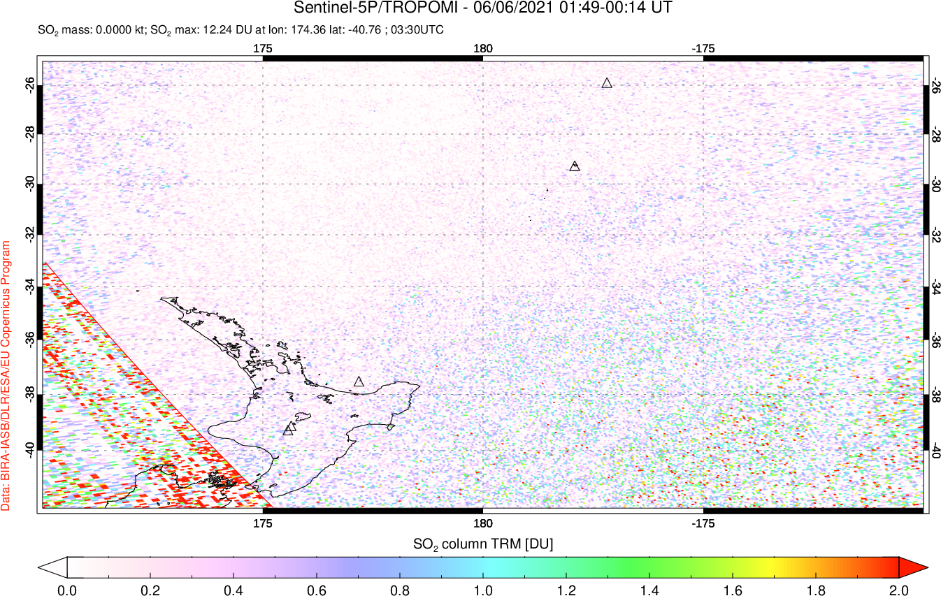 A sulfur dioxide image over New Zealand on Jun 06, 2021.