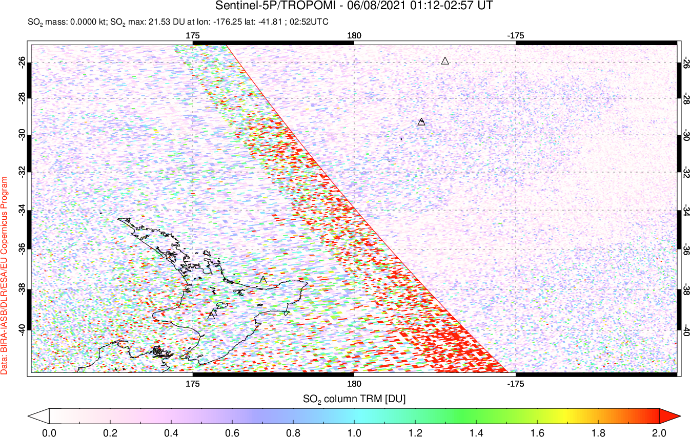 A sulfur dioxide image over New Zealand on Jun 08, 2021.