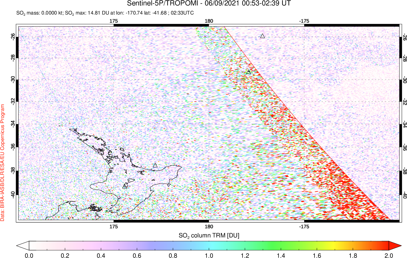 A sulfur dioxide image over New Zealand on Jun 09, 2021.