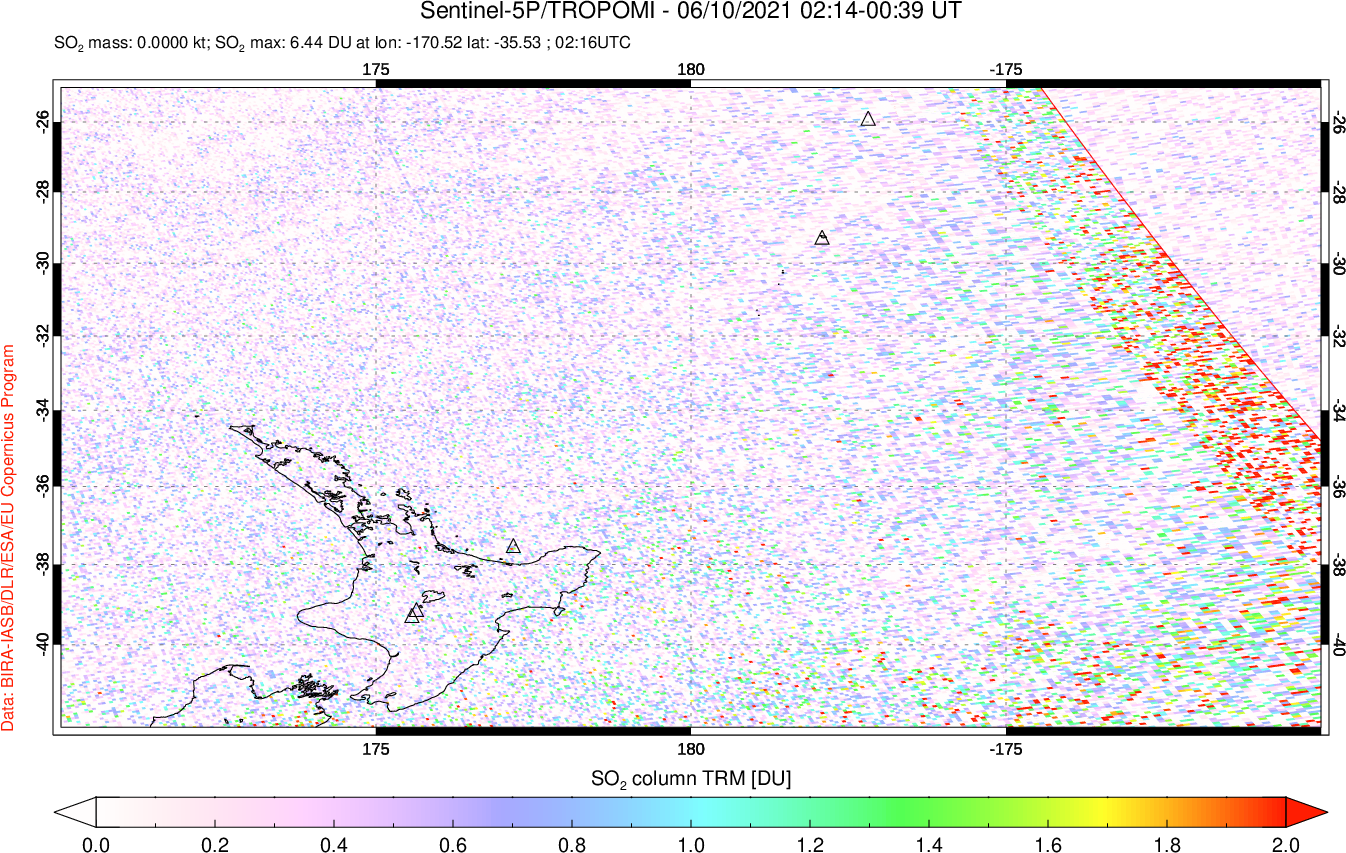 A sulfur dioxide image over New Zealand on Jun 10, 2021.