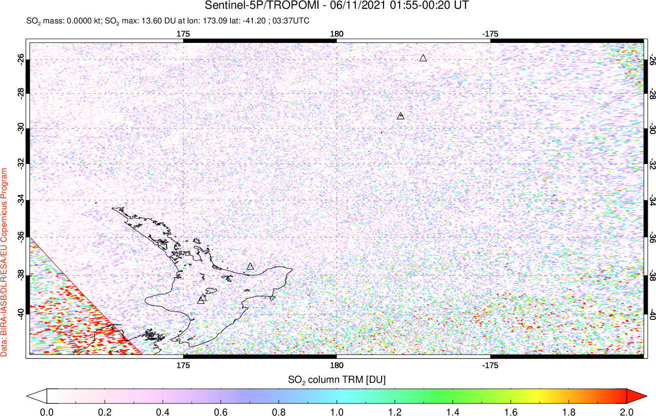 A sulfur dioxide image over New Zealand on Jun 11, 2021.