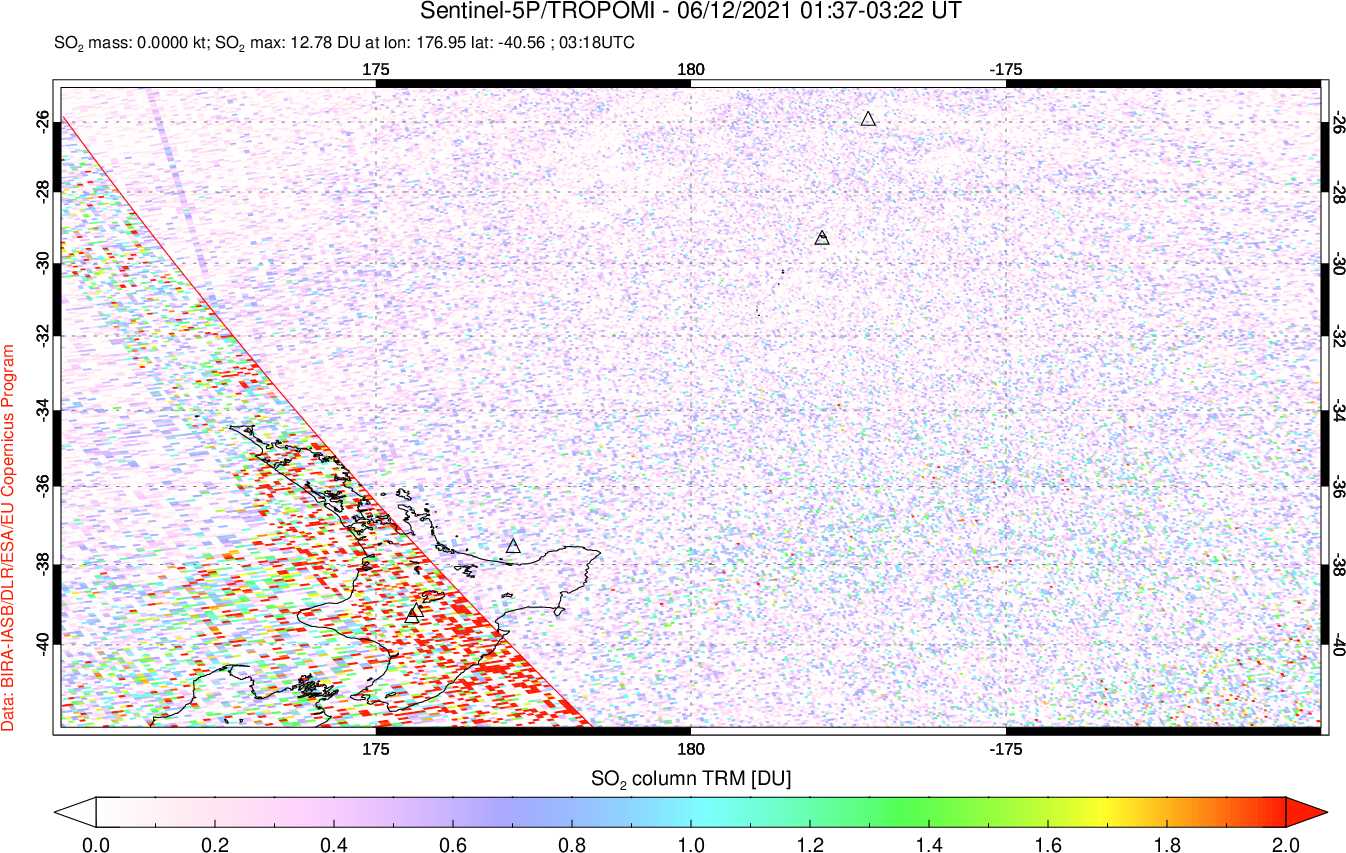 A sulfur dioxide image over New Zealand on Jun 12, 2021.
