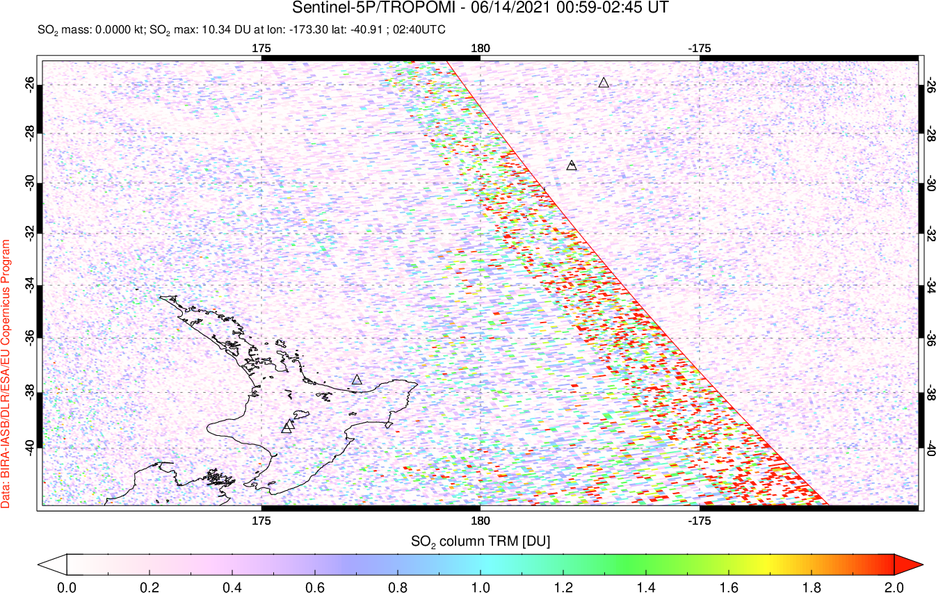 A sulfur dioxide image over New Zealand on Jun 14, 2021.