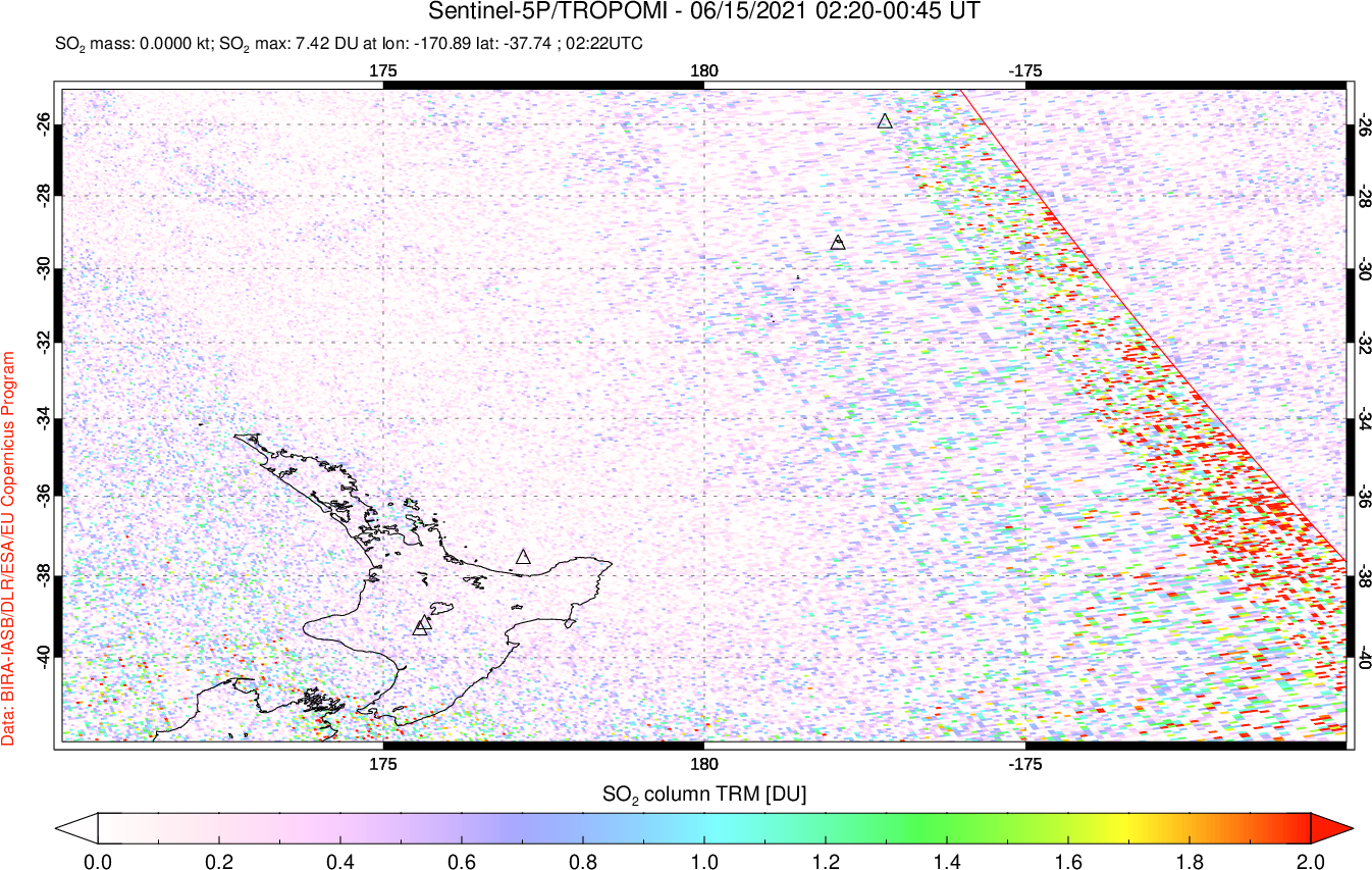 A sulfur dioxide image over New Zealand on Jun 15, 2021.