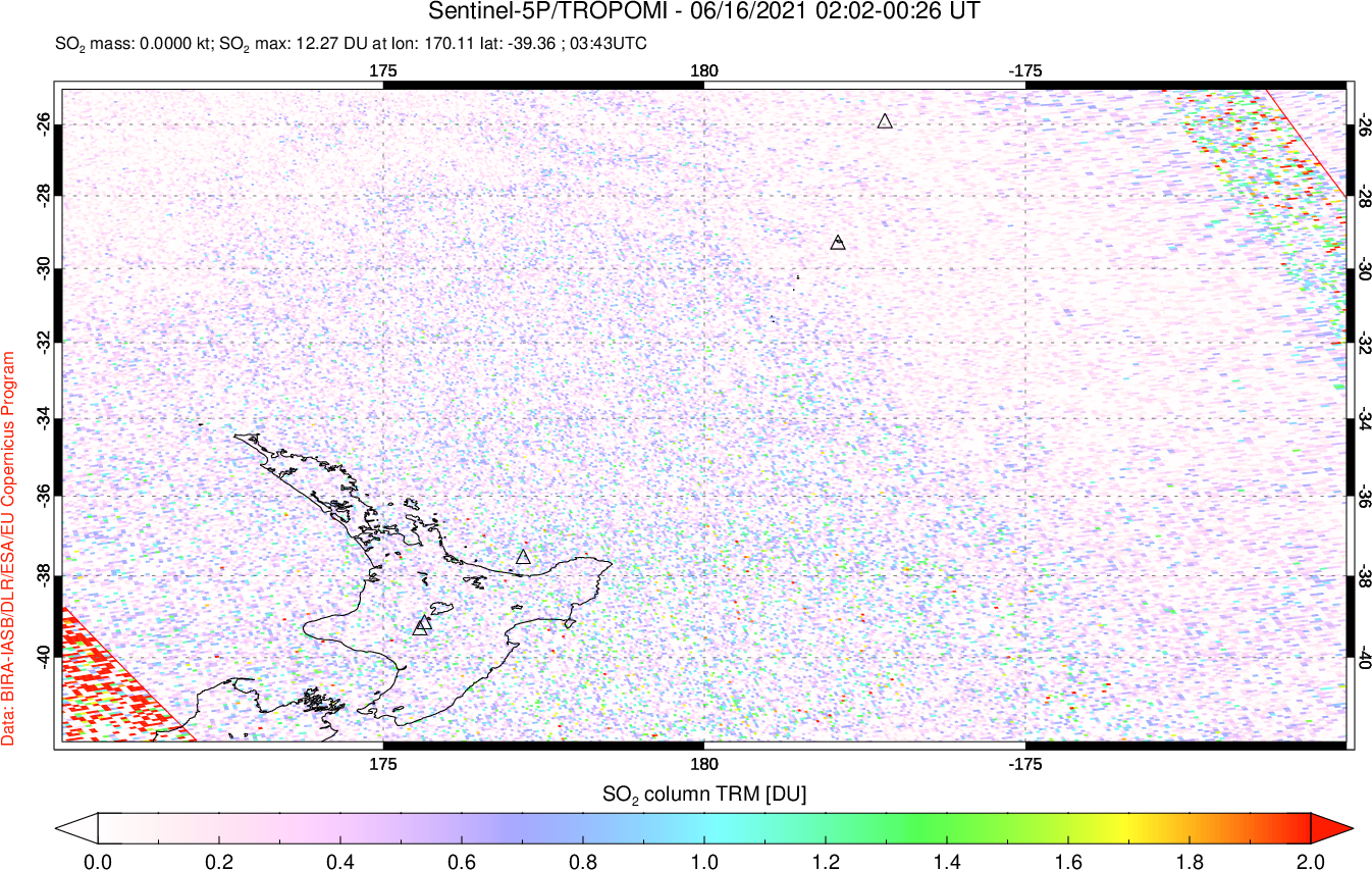 A sulfur dioxide image over New Zealand on Jun 16, 2021.
