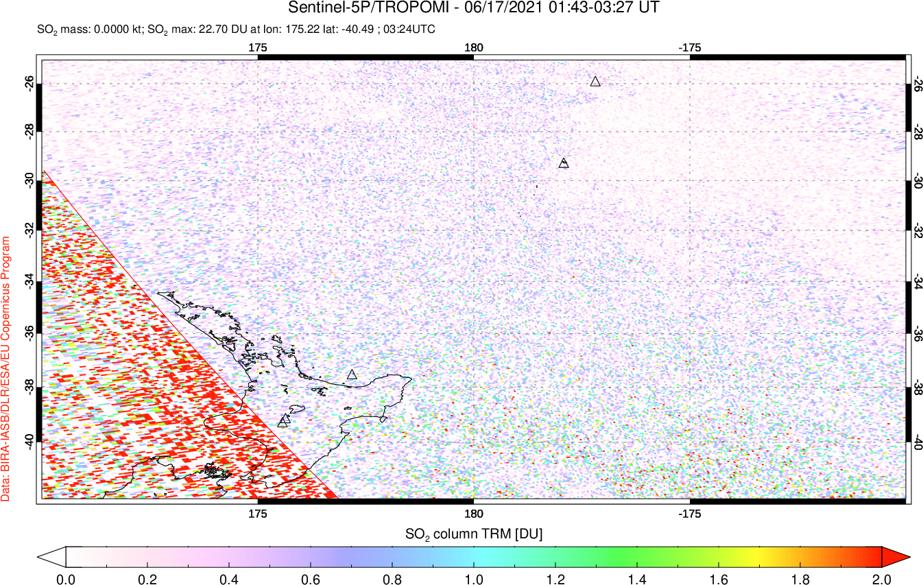 A sulfur dioxide image over New Zealand on Jun 17, 2021.