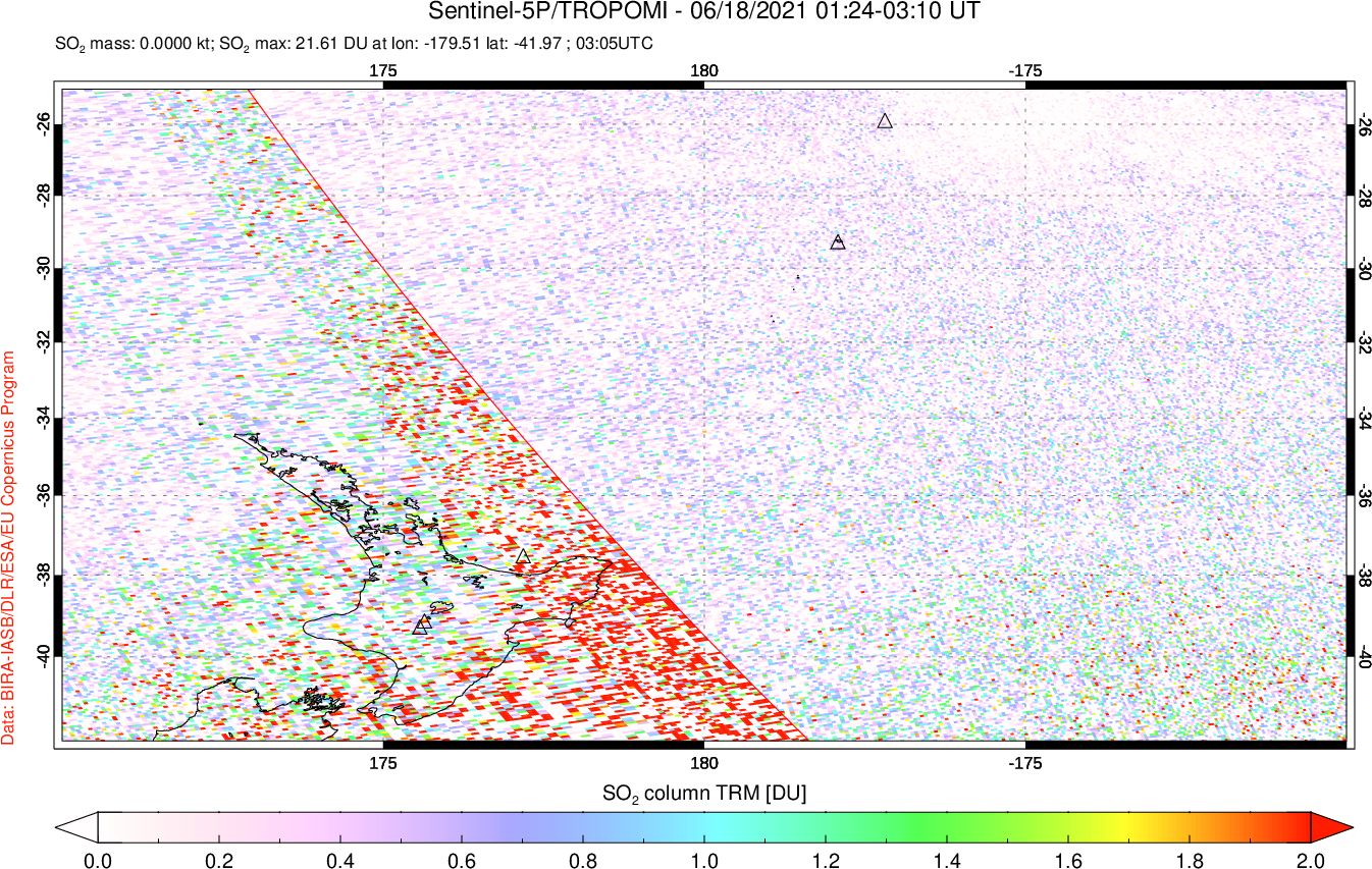 A sulfur dioxide image over New Zealand on Jun 18, 2021.