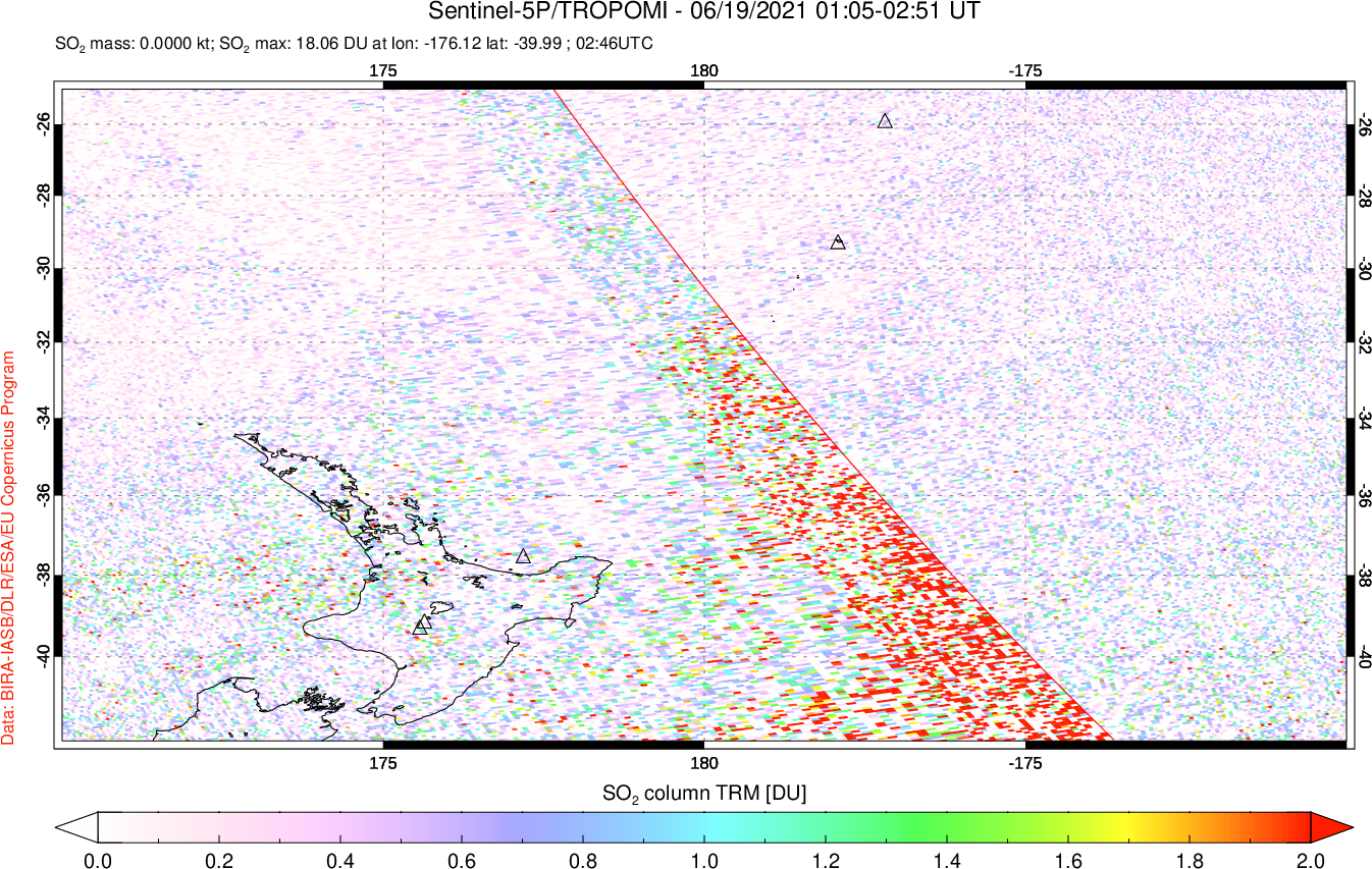 A sulfur dioxide image over New Zealand on Jun 19, 2021.