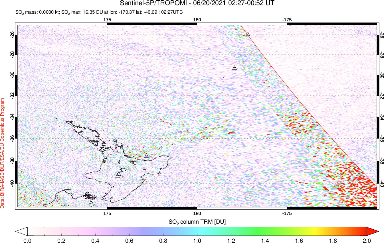 A sulfur dioxide image over New Zealand on Jun 20, 2021.