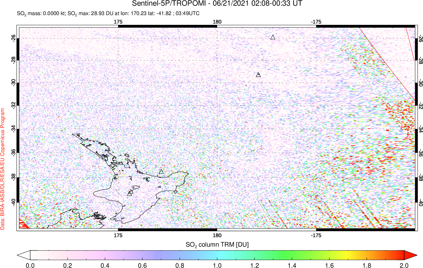 A sulfur dioxide image over New Zealand on Jun 21, 2021.